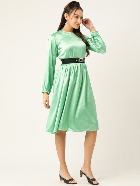 Women's Green-Coloured Satin Dress With Belt