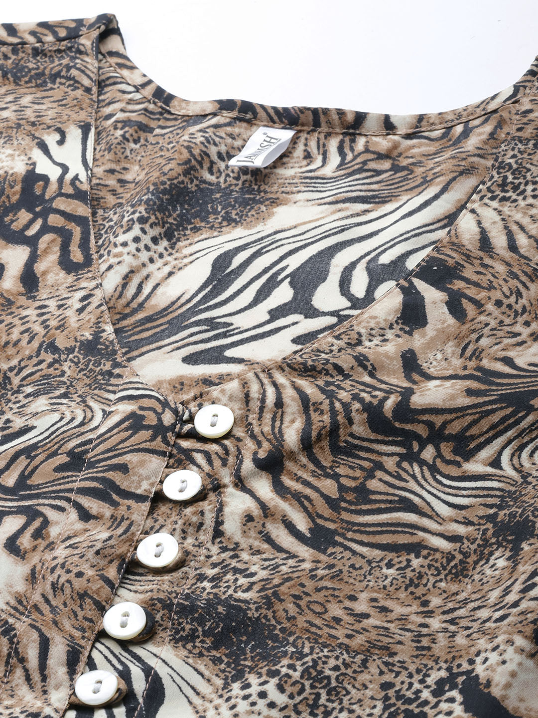 Women's Animal Print Puff Sleeves Crepe Midi Dress