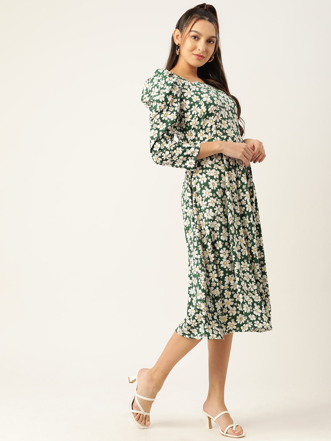 Women's Floral Print Puff Sleeves Crepe Midi Dress