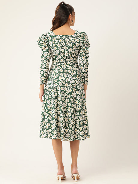 Women's Floral Print Puff Sleeves Crepe Midi Dress