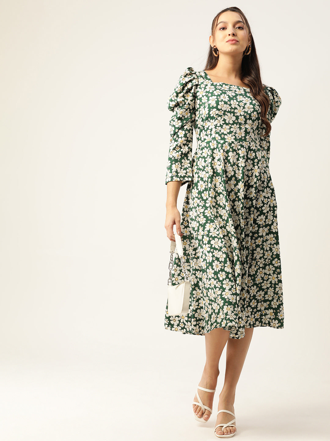 Women's Floral Print Puff Sleeves Crepe Midi Dress