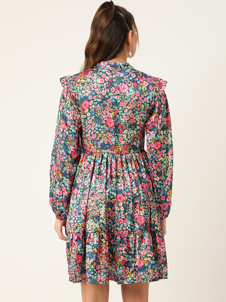 Women's Blue And Pink Floral Printed Puff Sleeves Tiered Satin Dress