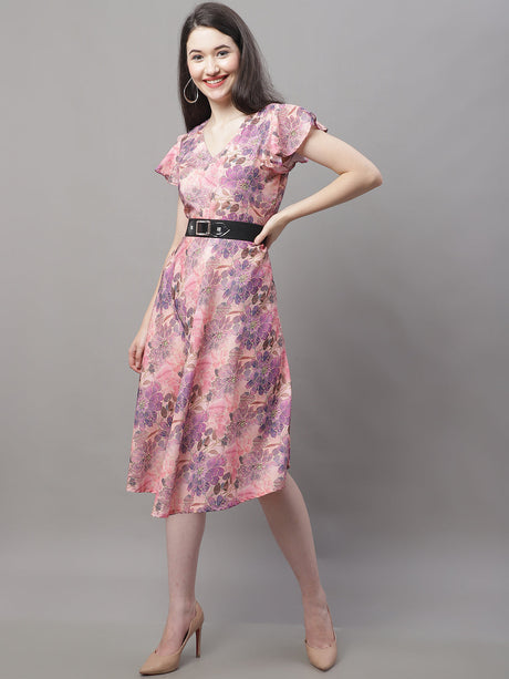 Women's Pink Printed A-Line Dresses With Belt