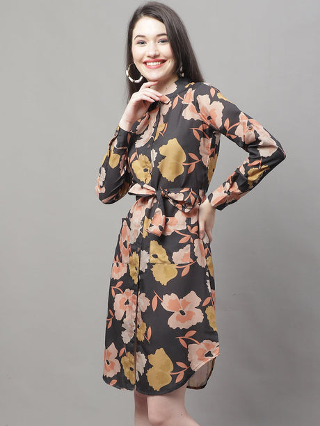 Women's Black Printed A-Line Dresses With Belt