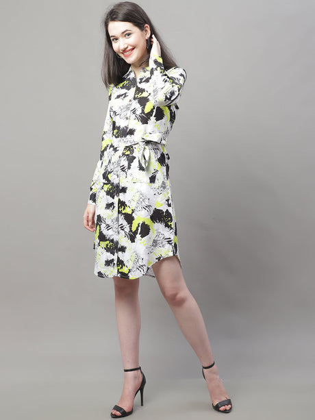Women's White Printed A-Line Dresses With Belt