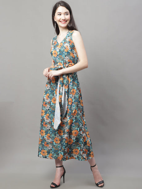 Women's Teal Blue Printed A-Line Dresses