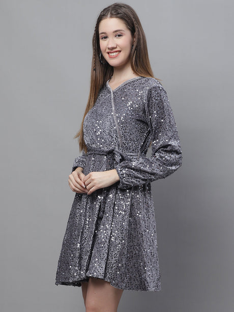 Women's Grey Sequin Velvet A-line Dress