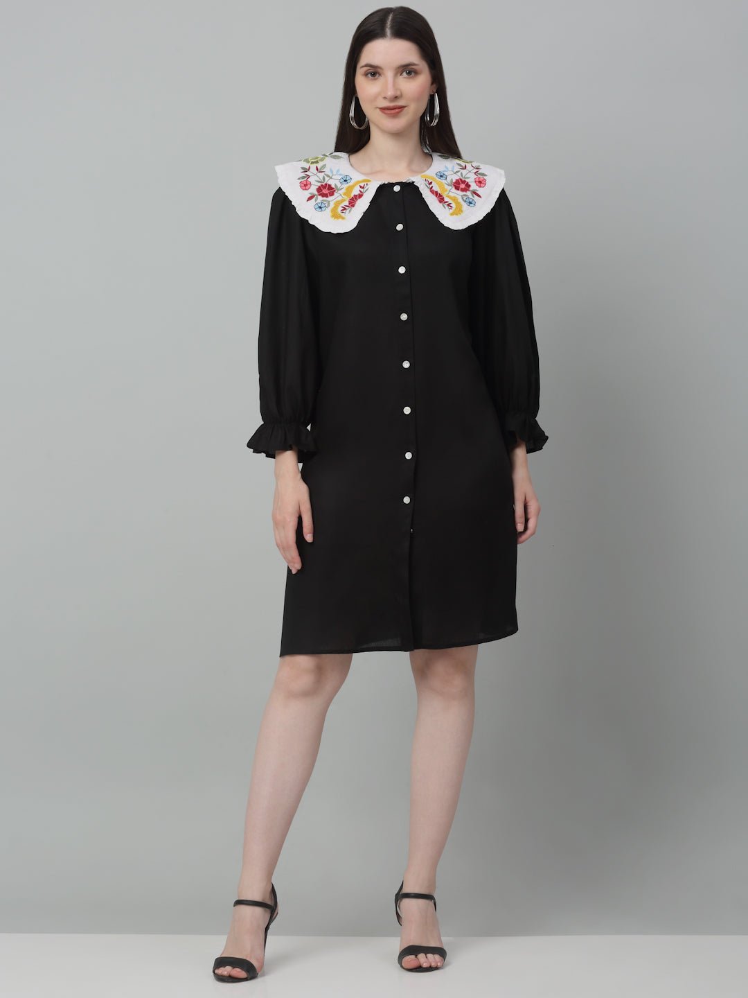 Women's Black Floral Embroidered A-line Dress