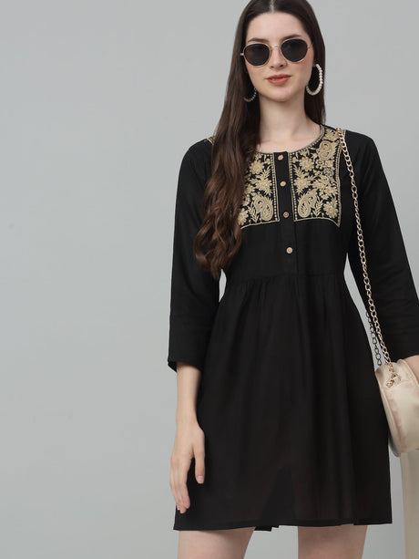 Women's Black Embroidered A-line Dress