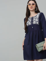 Women's Navy Embroidered A-line Dress