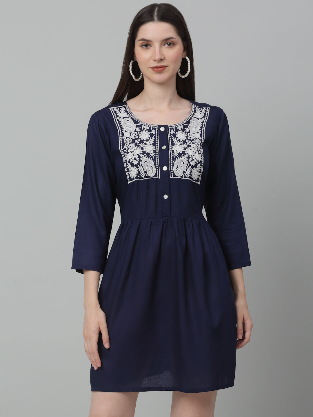 Women's Navy Embroidered A-line Dress