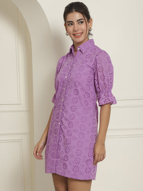 Women's Purple Embroidered Cotton Dress