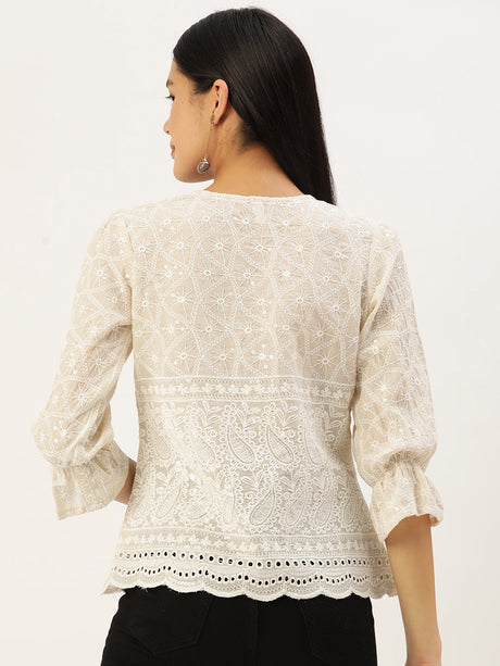 Women's Cream Chikankari Sequin Work Empire Top