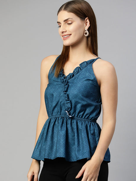 Women's Blue Printed Crop Top With Frills