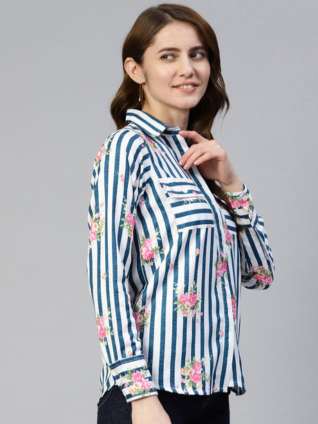 Women's Blue Striped Double Pocket Shirt Style Top