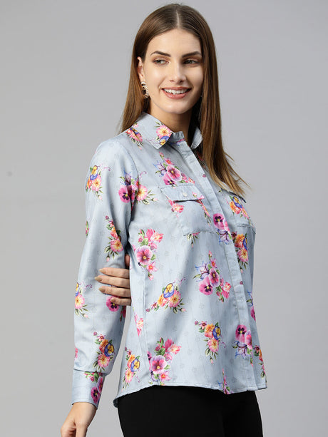 Women's Grey Floral Double Pocket Shirt Style Top