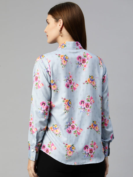 Women's Grey Floral Double Pocket Shirt Style Top