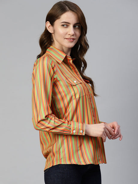 Women's Multi-Color Striped Double Pocket Shirt Style Top