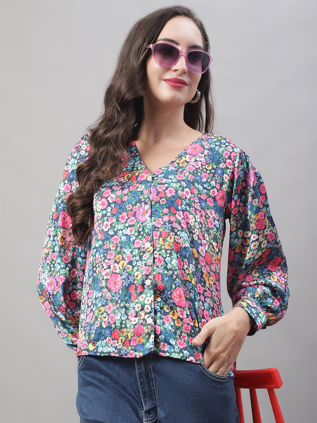 Women's Blue Printed Shirt Style Top