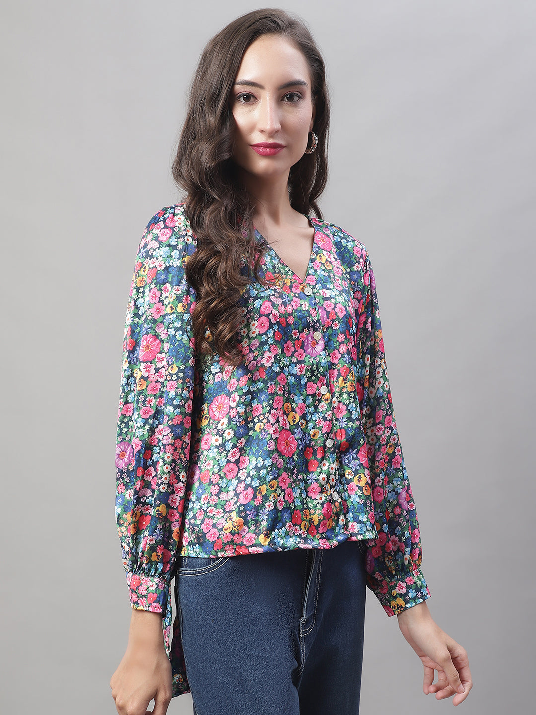 Women's Blue Printed Shirt Style Top