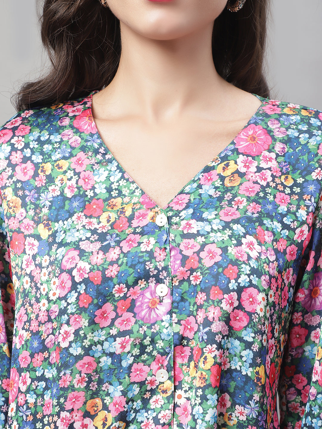 Women's Blue Printed Shirt Style Top