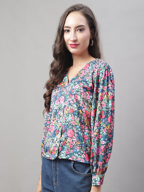 Women's Blue Printed Shirt Style Top