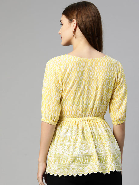 Women's Yellow Chikankari Work Empire Top