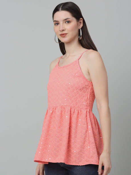 Women's Peach Chikankari Sequin Work Empire Top