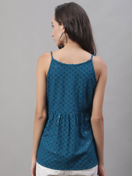 Women's Blue Chikankari Sequin Work Empire Top