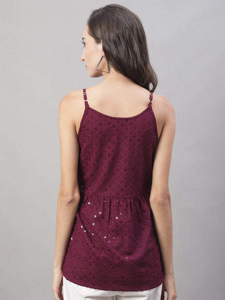 Women's Maroon Chikankari Sequin Work Empire Top