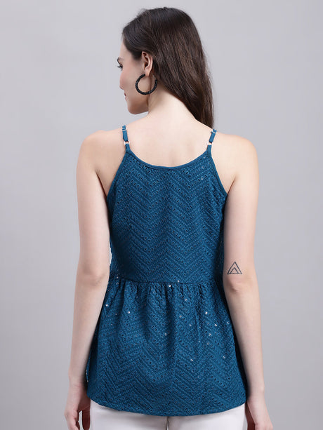 Women's Peacock Blue Chikankari Sequin Work Empire Top