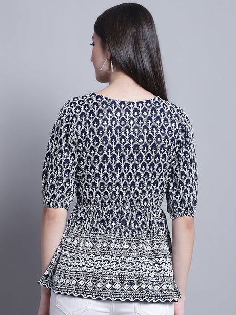 Women's Navy Blue Chikankari And Sequins Work Empire Top