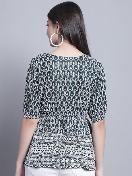 Women's Olive Chikankari And Sequins Work Empire Top