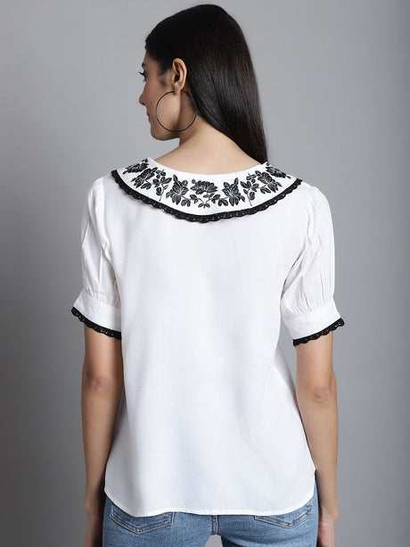 Women's White Embroidered Peter Pan Collar Top