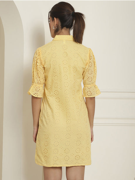 Women's Yellow Embroidered Cotton Dress
