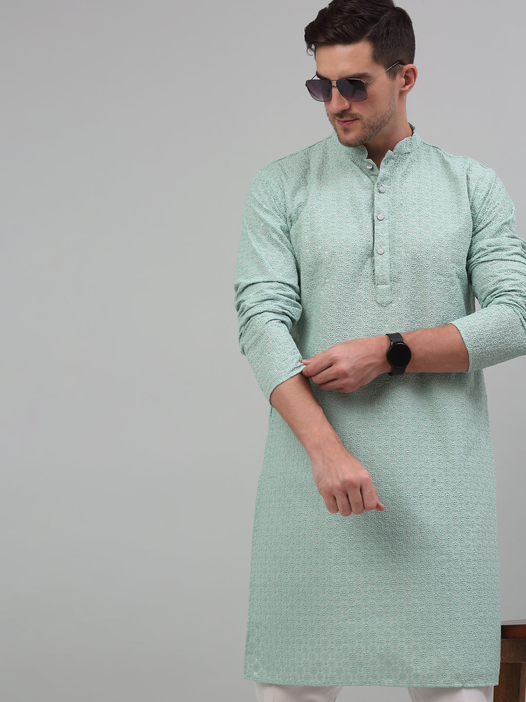 Men's Green Chikankari Embroidered And Sequence Kurta With Pajama