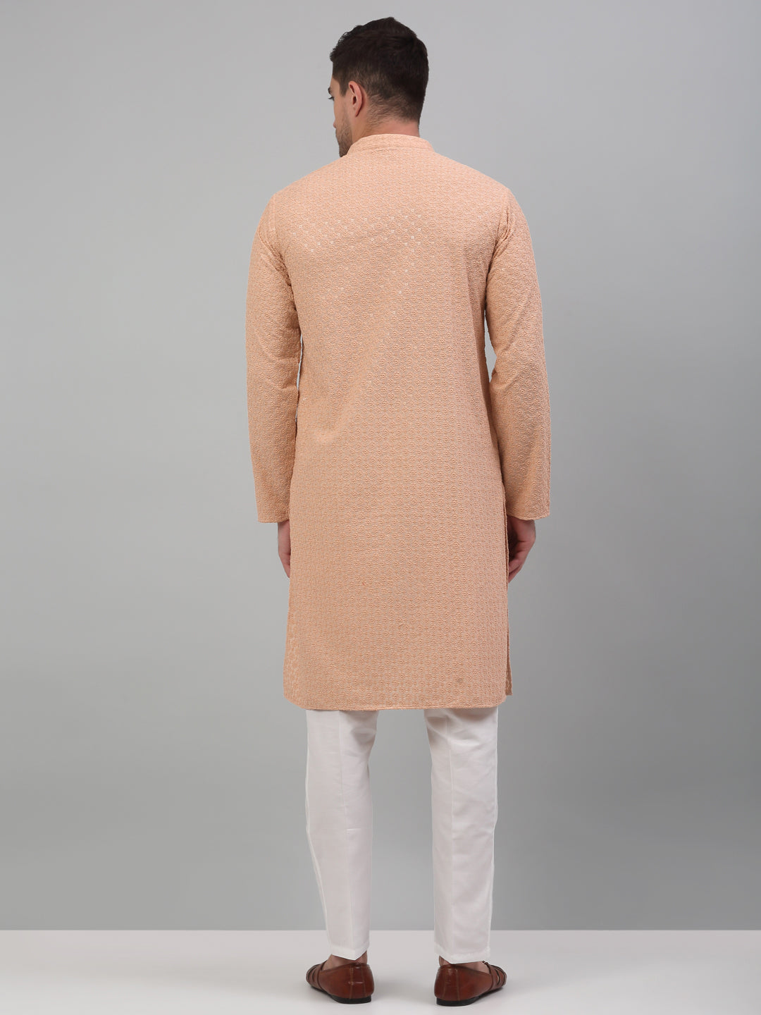 Men's Peach Chikankari Embroidered And Sequence Kurta With Pajama