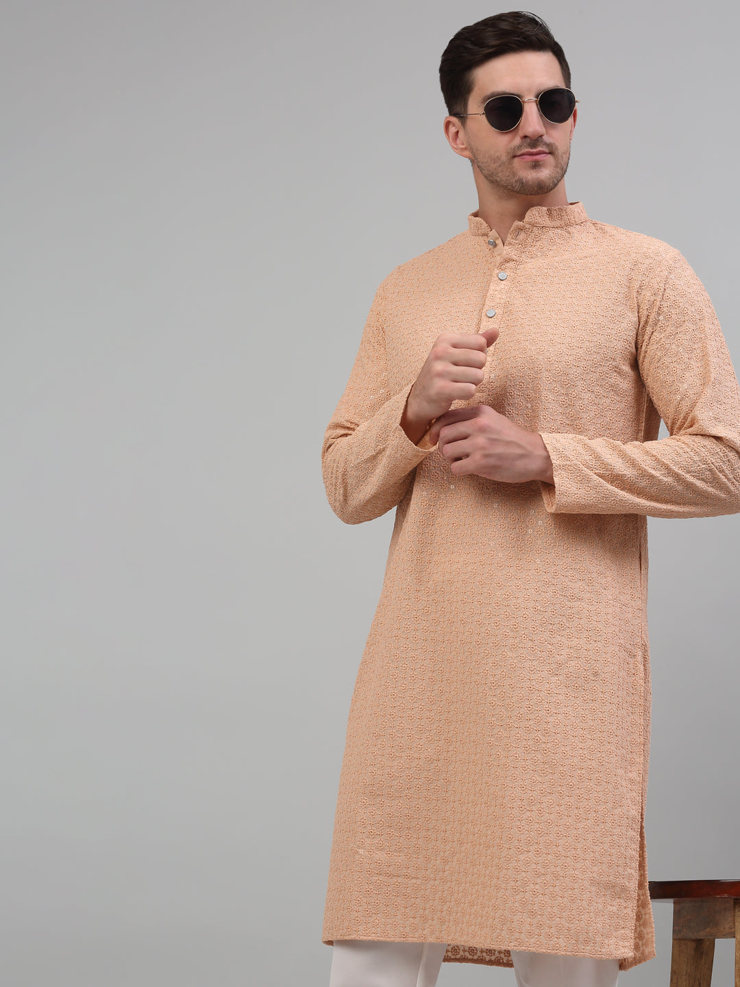 Men's Peach Chikankari Embroidered And Sequence Kurta With Pajama