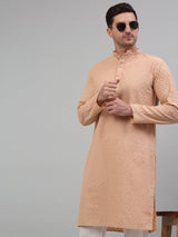 Men's Peach Chikankari Embroidered And Sequence Kurta With Pajama