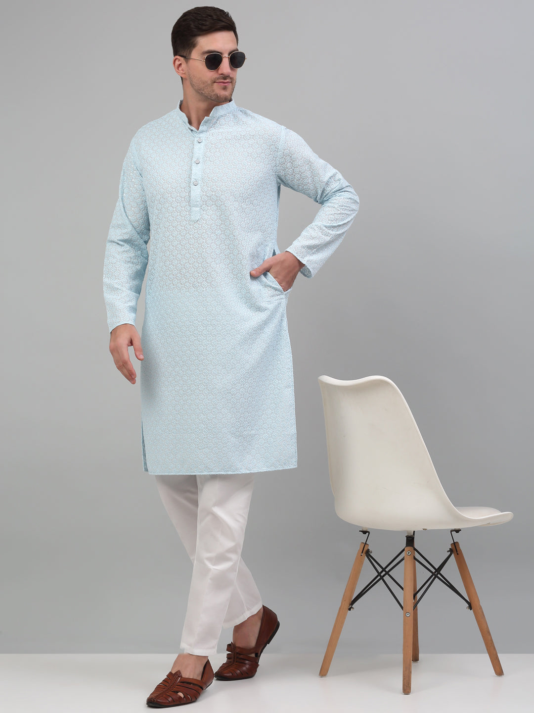 Men's Sky Blue Chikankari Embroidered And Sequence Kurta With Pajama