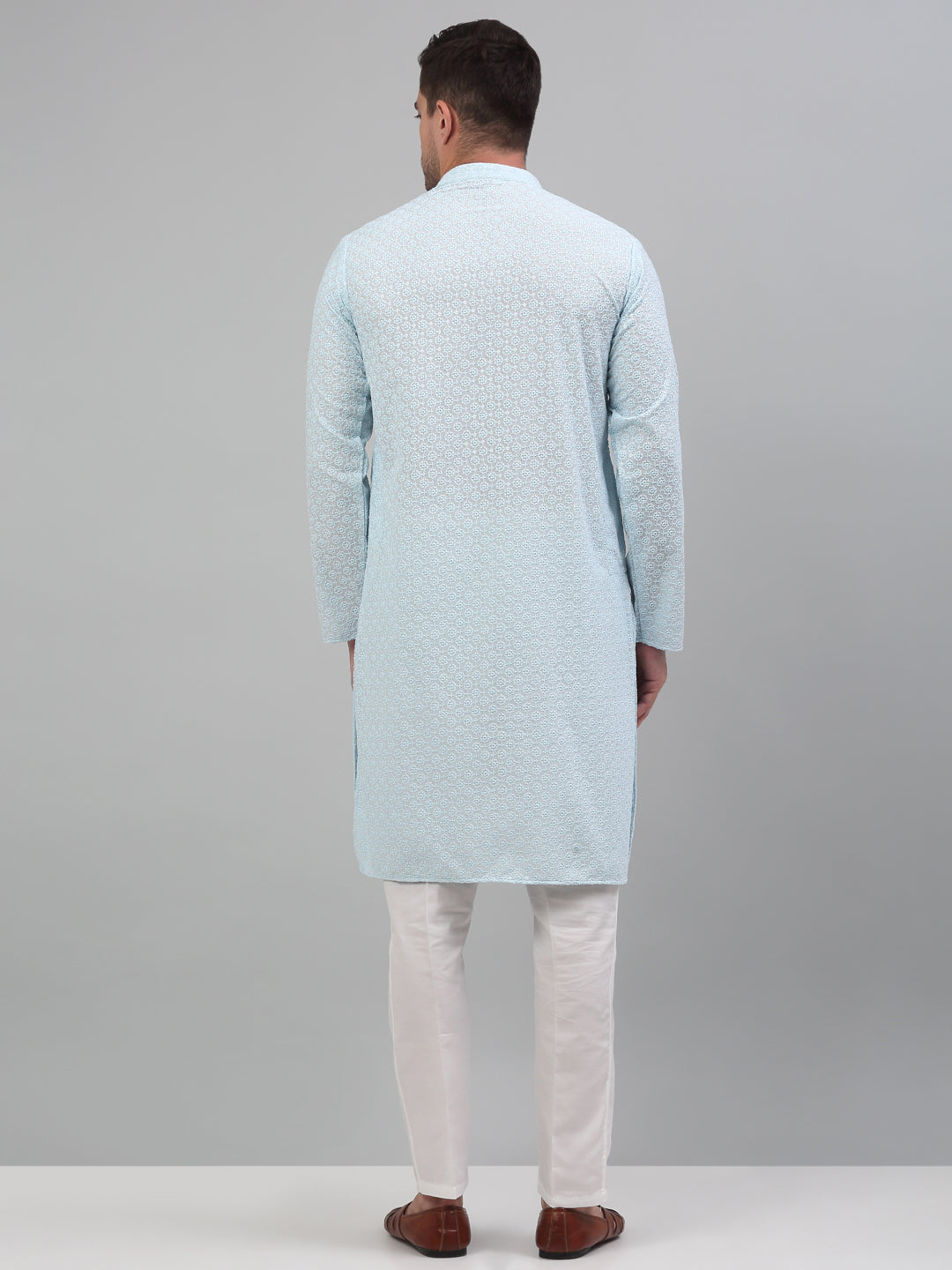 Men's Sky Blue Chikankari Embroidered And Sequence Kurta With Pajama