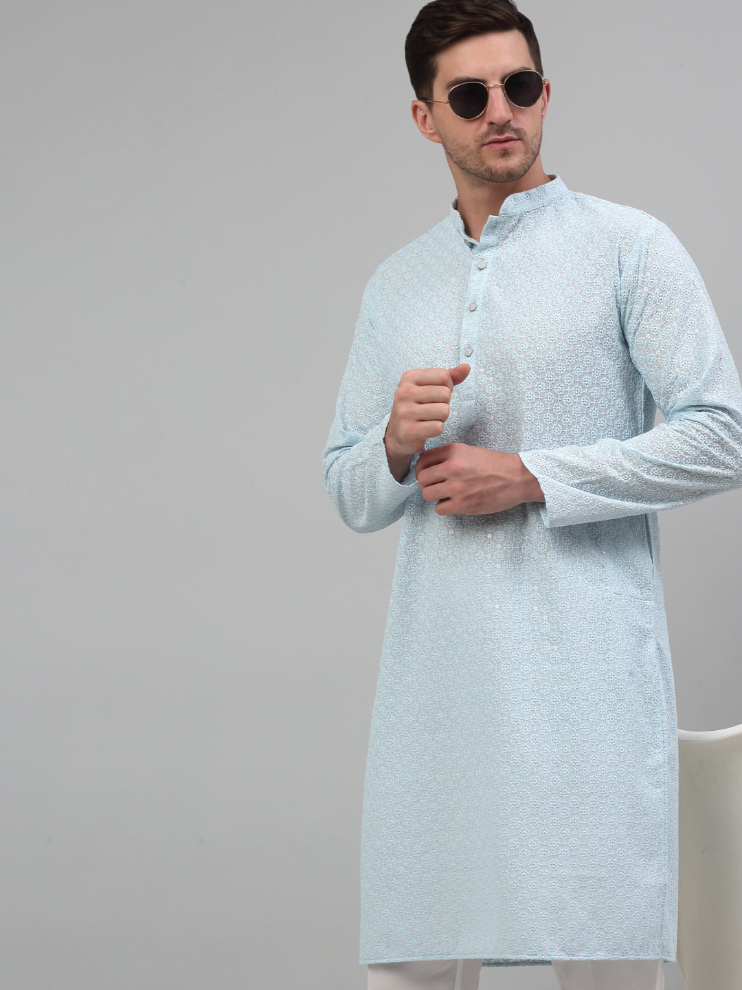 Men's Sky Blue Chikankari Embroidered And Sequence Kurta With Pajama