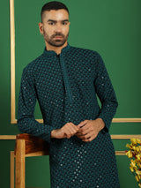 Teal Cotton Mirror Sequin Embroidered Kurta Pajama Set