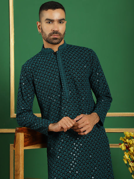 Teal Cotton Mirror Sequin Embroidered Kurta Pajama Set