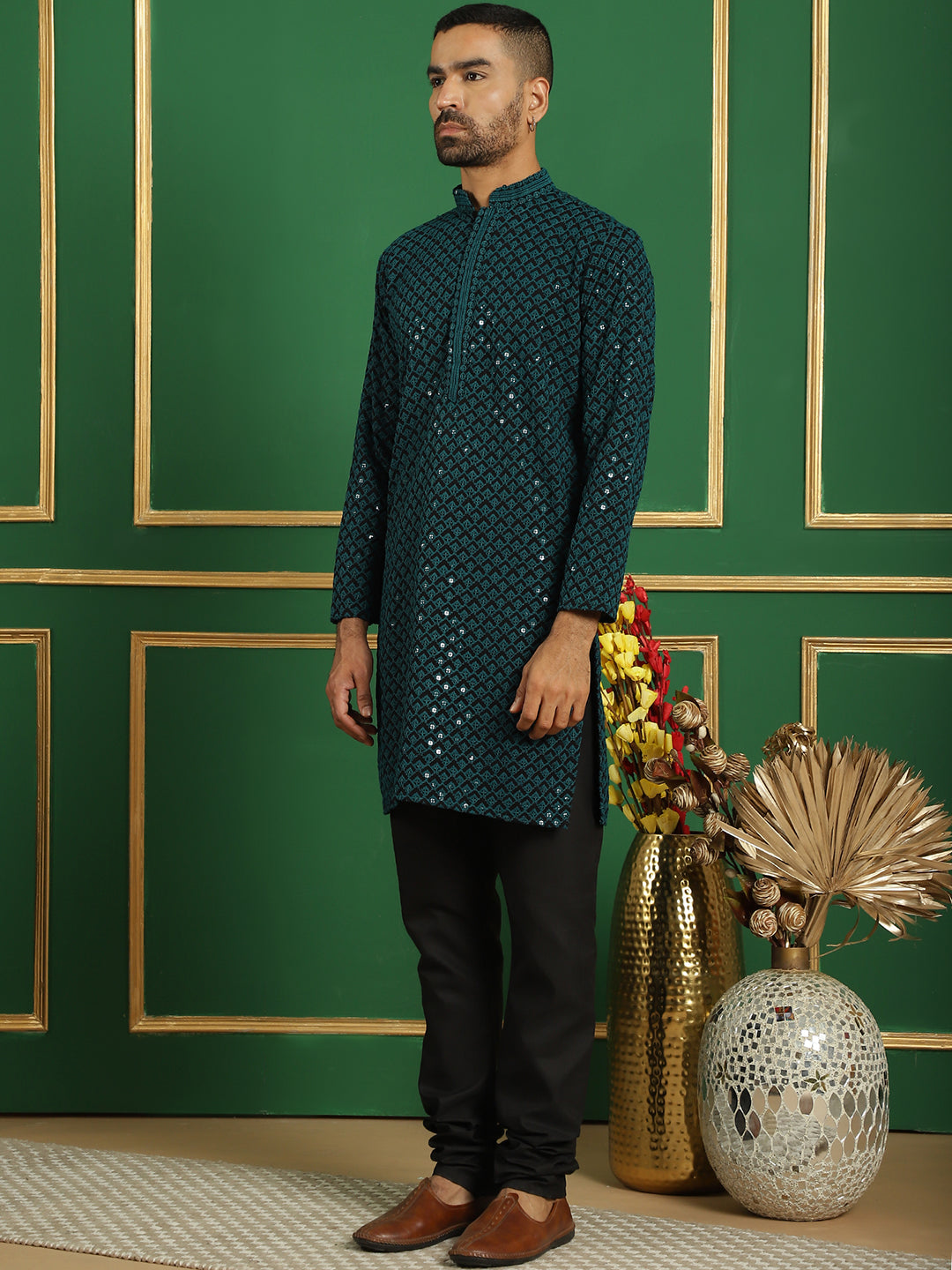 Teal Cotton Mirror Sequin Embroidered Kurta Pajama Set