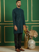 Teal Cotton Mirror Sequin Embroidered Kurta Pajama Set