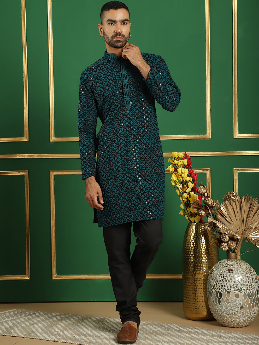 Teal Cotton Mirror Sequin Embroidered Kurta Pajama Set