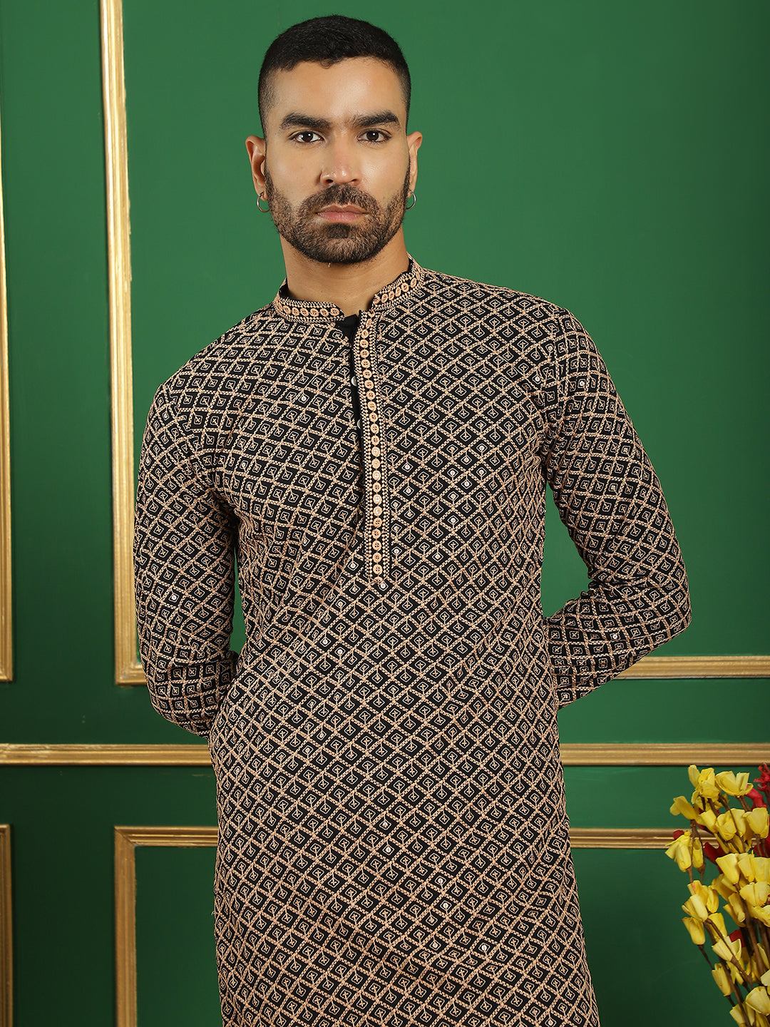 Brown Cotton Embroidered Kurta Pajama Set