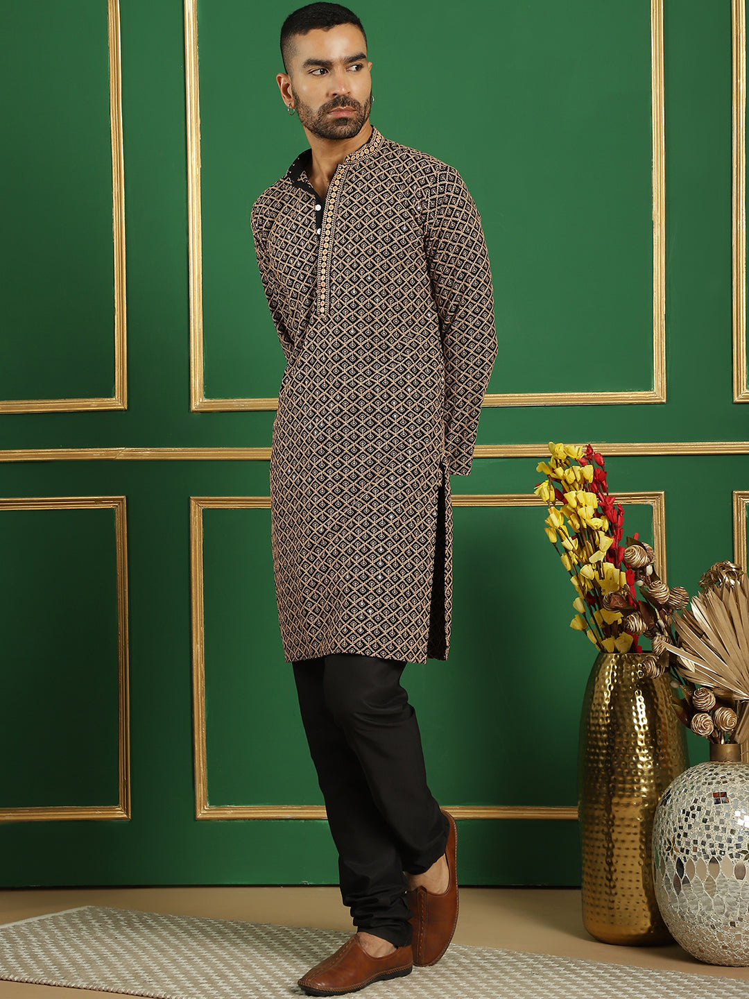 Brown Cotton Embroidered Kurta Pajama Set