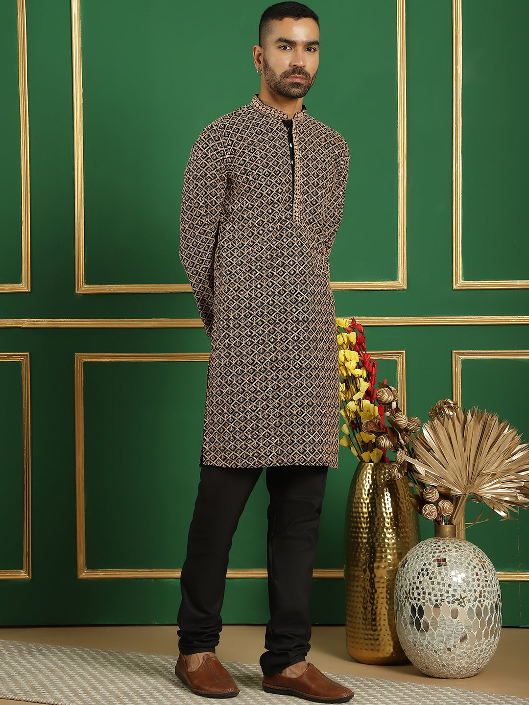 Brown Cotton Embroidered Kurta Pajama Set